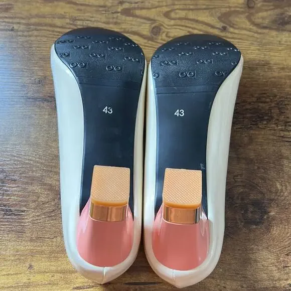 Ephemeral Retro Pin Up Baby Pink & Tan Patent Round Bow Toe Heels - Picture 11 of 12